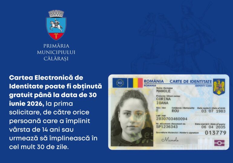 Anunţuri/ComunicatePrimăria Călărași/Cartea Electronică de Identitate poate fi obținută gratuit, la prima solicitare
