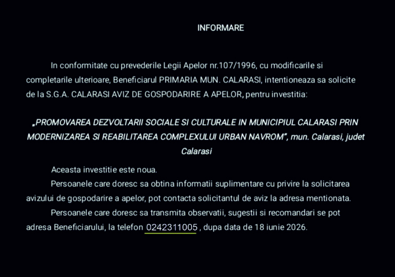 Primăria Municipiului Călărași-Informare