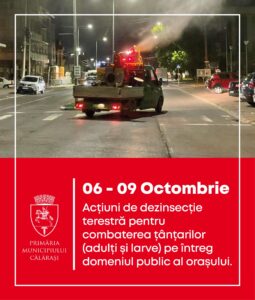 Primăria municipiului Călărași anunță că în perioada 6 – 9 octombrie 2026, pe domeniul public al municipiului Călărași se vor efectua tratamente terestre de combatere a țânțarilor