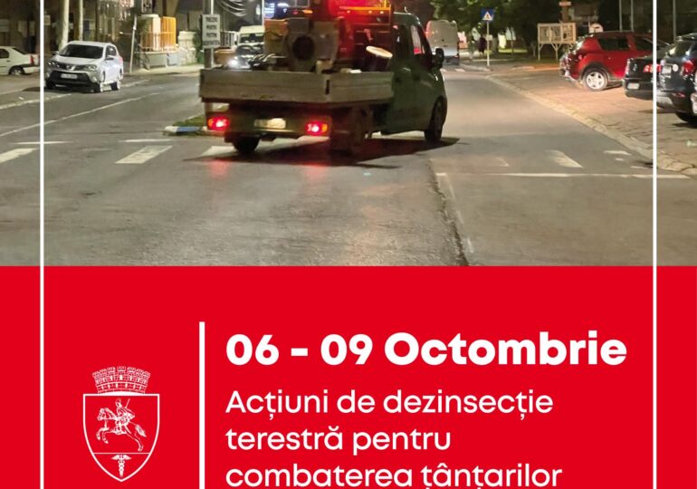 Primăria municipiului Călărași anunță că în perioada 6 – 9 octombrie 2026, pe domeniul public al municipiului Călărași se vor efectua tratamente terestre de combatere a țânțarilor